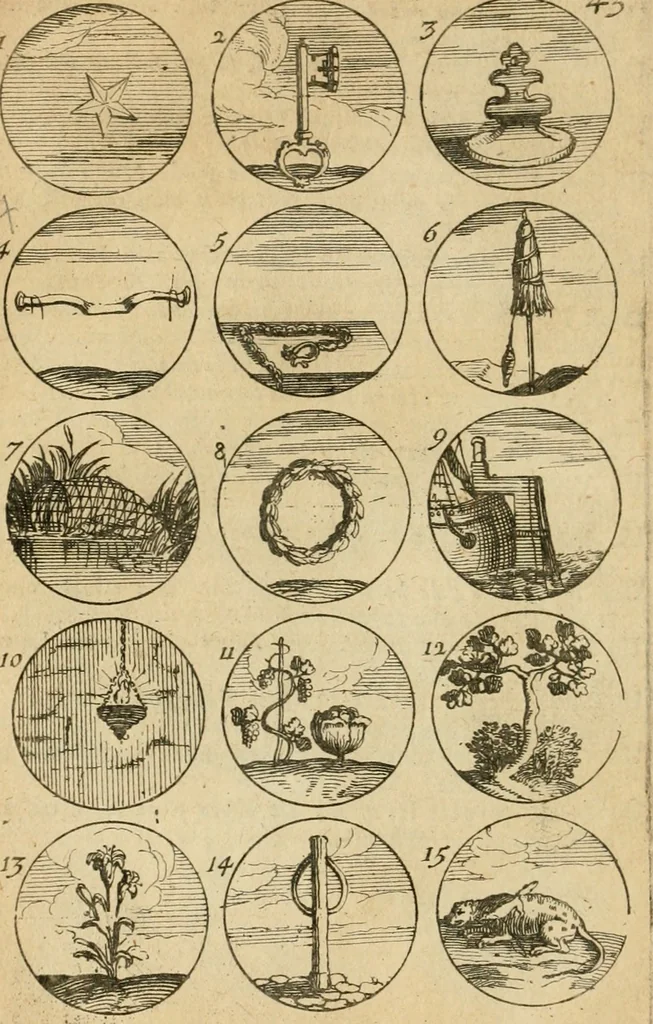 An illustration from Recueil d'emblêmes, devises, medailles, et figures hieroglyphiques : au nombre de plus de douze cent, avec leurs explications, accompagné de plus de deux mille chiffres fleuronnez simples, doubles & triples, d'une maniere nouvelle & fort curieuse pour tous les noms imaginable : avec les tenants, supports, & cimiers servans aux ornemens des armes ..., 1696, leaf 101