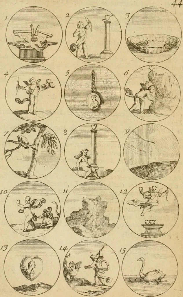 An illustration from Recueil d'emblêmes, devises, medailles, et figures hieroglyphiques : au nombre de plus de douze cent, avec leurs explications, accompagné de plus de deux mille chiffres fleuronnez simples, doubles & triples, d'une maniere nouvelle & fort curieuse pour tous les noms imaginable : avec les tenants, supports, & cimiers servans aux ornemens des armes ..., 1696, leaf 103