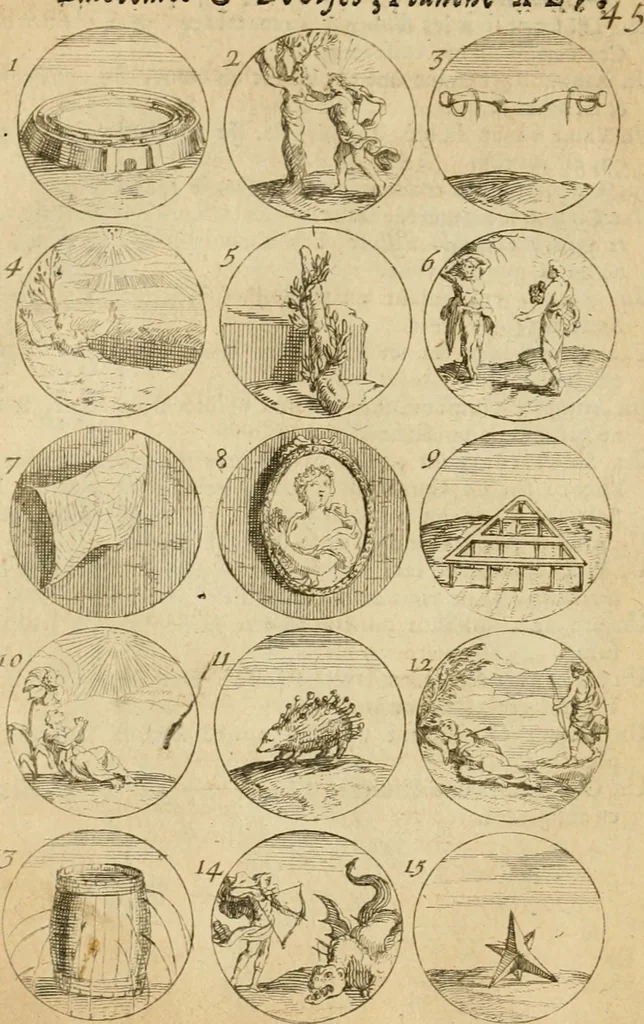 An illustration from Recueil d'emblêmes, devises, medailles, et figures hieroglyphiques : au nombre de plus de douze cent, avec leurs explications, accompagné de plus de deux mille chiffres fleuronnez simples, doubles & triples, d'une maniere nouvelle & fort curieuse pour tous les noms imaginable : avec les tenants, supports, & cimiers servans aux ornemens des armes ..., 1696, leaf 105