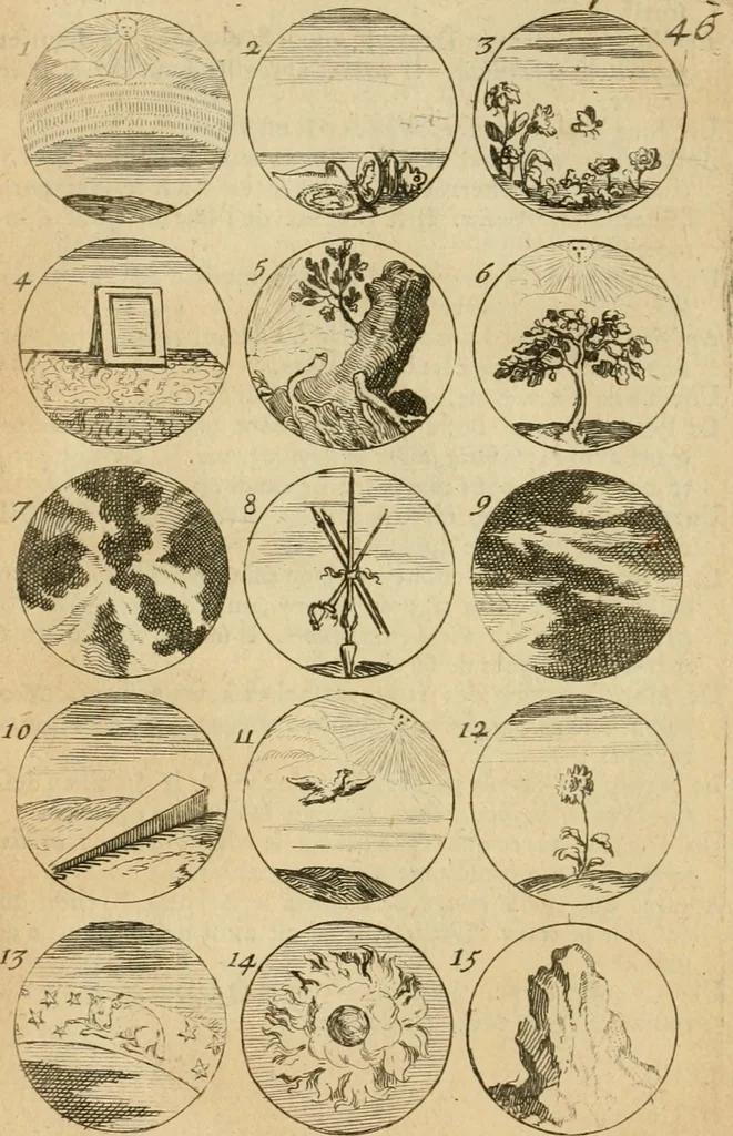An illustration from Recueil d'emblêmes, devises, medailles, et figures hieroglyphiques : au nombre de plus de douze cent, avec leurs explications, accompagné de plus de deux mille chiffres fleuronnez simples, doubles & triples, d'une maniere nouvelle & fort curieuse pour tous les noms imaginable : avec les tenants, supports, & cimiers servans aux ornemens des armes ..., 1696, leaf 107