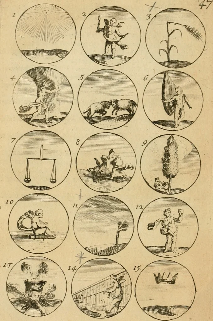 An illustration from Recueil d'emblêmes, devises, medailles, et figures hieroglyphiques : au nombre de plus de douze cent, avec leurs explications, accompagné de plus de deux mille chiffres fleuronnez simples, doubles & triples, d'une maniere nouvelle & fort curieuse pour tous les noms imaginable : avec les tenants, supports, & cimiers servans aux ornemens des armes ..., 1696, leaf 109