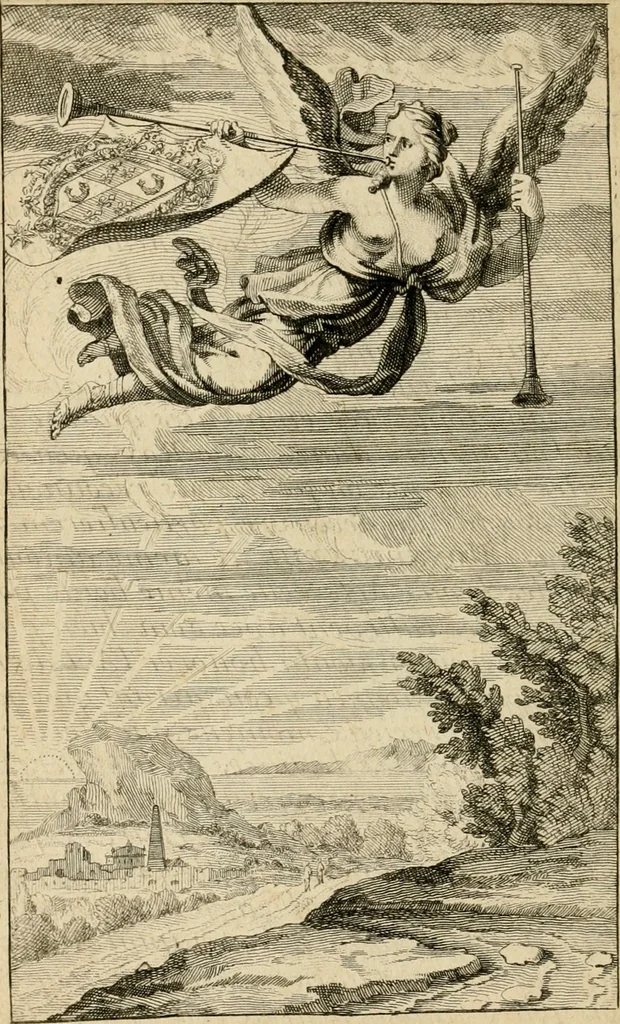 An illustration from Recueil d'emblêmes, devises, medailles, et figures hieroglyphiques : au nombre de plus de douze cent, avec leurs explications, accompagné de plus de deux mille chiffres fleuronnez simples, doubles & triples, d'une maniere nouvelle & fort curieuse pour tous les noms imaginable : avec les tenants, supports, & cimiers servans aux ornemens des armes ..., 1696, leaf 11