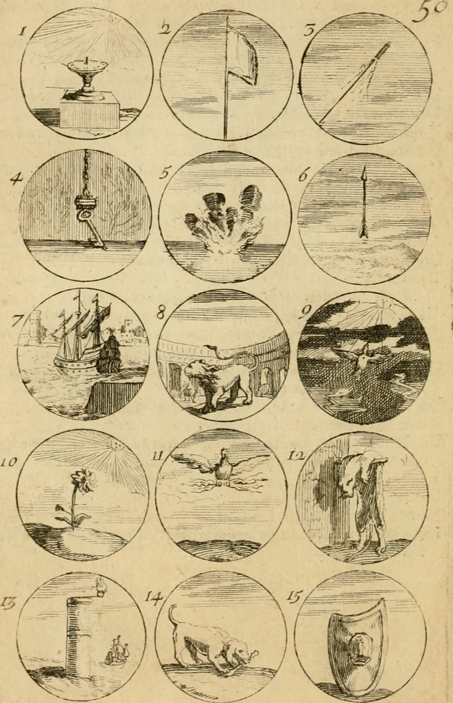 An illustration from Recueil d'emblêmes, devises, medailles, et figures hieroglyphiques : au nombre de plus de douze cent, avec leurs explications, accompagné de plus de deux mille chiffres fleuronnez simples, doubles & triples, d'une maniere nouvelle & fort curieuse pour tous les noms imaginable : avec les tenants, supports, & cimiers servans aux ornemens des armes ..., 1696, leaf 115