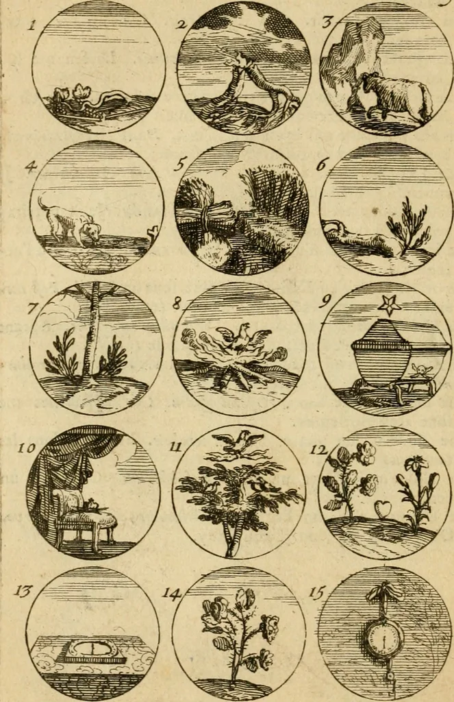 An illustration from Recueil d'emblêmes, devises, medailles, et figures hieroglyphiques : au nombre de plus de douze cent, avec leurs explications, accompagné de plus de deux mille chiffres fleuronnez simples, doubles & triples, d'une maniere nouvelle & fort curieuse pour tous les noms imaginable : avec les tenants, supports, & cimiers servans aux ornemens des armes ..., 1696, leaf 117