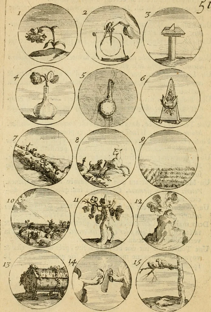 An illustration from Recueil d'emblêmes, devises, medailles, et figures hieroglyphiques : au nombre de plus de douze cent, avec leurs explications, accompagné de plus de deux mille chiffres fleuronnez simples, doubles & triples, d'une maniere nouvelle & fort curieuse pour tous les noms imaginable : avec les tenants, supports, & cimiers servans aux ornemens des armes ..., 1696, leaf 119