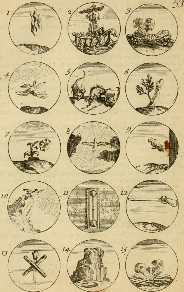 An illustration from Recueil d'emblêmes, devises, medailles, et figures hieroglyphiques : au nombre de plus de douze cent, avec leurs explications, accompagné de plus de deux mille chiffres fleuronnez simples, doubles & triples, d'une maniere nouvelle & fort curieuse pour tous les noms imaginable : avec les tenants, supports, & cimiers servans aux ornemens des armes ..., 1696, leaf 121