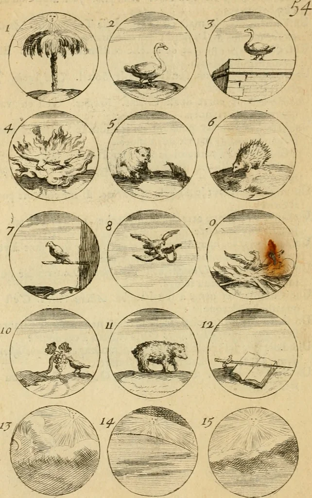 An illustration from Recueil d'emblêmes, devises, medailles, et figures hieroglyphiques : au nombre de plus de douze cent, avec leurs explications, accompagné de plus de deux mille chiffres fleuronnez simples, doubles & triples, d'une maniere nouvelle & fort curieuse pour tous les noms imaginable : avec les tenants, supports, & cimiers servans aux ornemens des armes ..., 1696, leaf 123