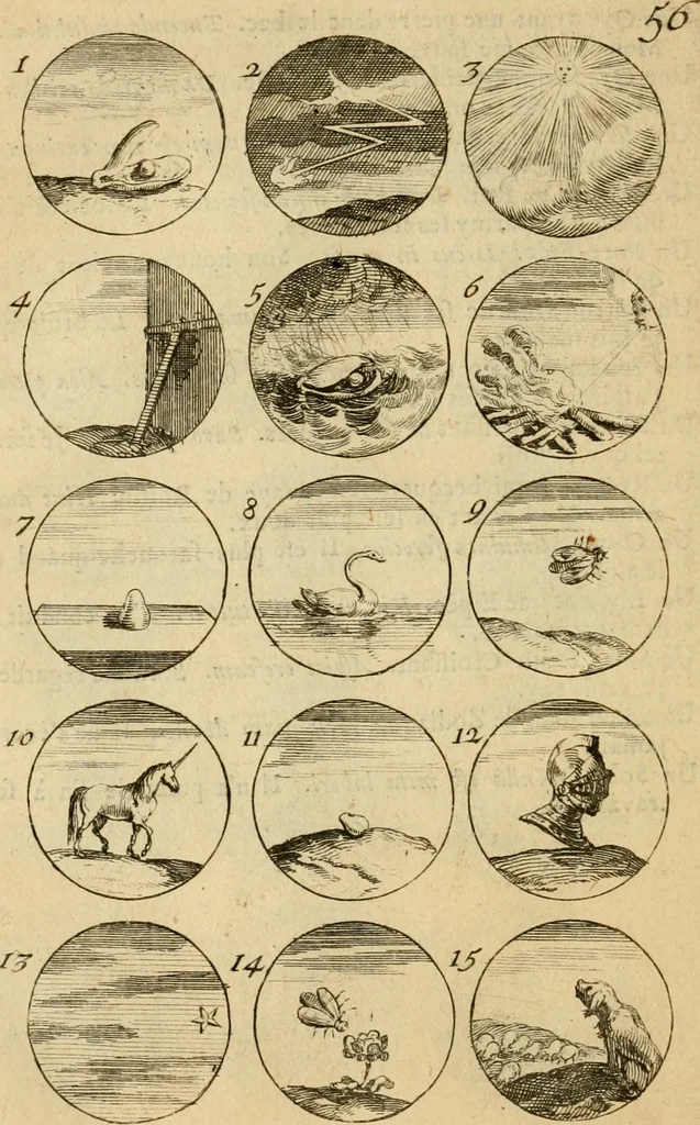 An illustration from Recueil d'emblêmes, devises, medailles, et figures hieroglyphiques : au nombre de plus de douze cent, avec leurs explications, accompagné de plus de deux mille chiffres fleuronnez simples, doubles & triples, d'une maniere nouvelle & fort curieuse pour tous les noms imaginable : avec les tenants, supports, & cimiers servans aux ornemens des armes ..., 1696, leaf 125