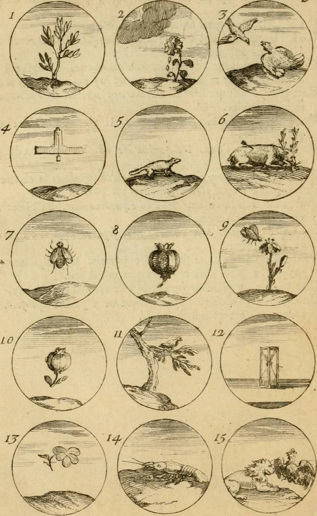 An illustration from Recueil d'emblêmes, devises, medailles, et figures hieroglyphiques : au nombre de plus de douze cent, avec leurs explications, accompagné de plus de deux mille chiffres fleuronnez simples, doubles & triples, d'une maniere nouvelle & fort curieuse pour tous les noms imaginable : avec les tenants, supports, & cimiers servans aux ornemens des armes ..., 1696, leaf 129