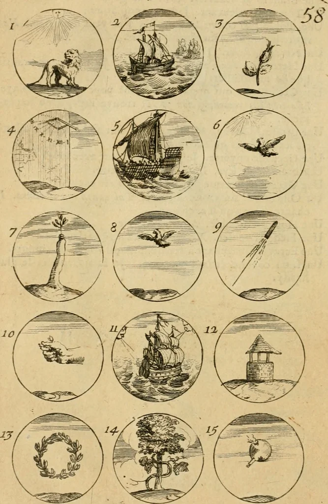 An illustration from Recueil d'emblêmes, devises, medailles, et figures hieroglyphiques : au nombre de plus de douze cent, avec leurs explications, accompagné de plus de deux mille chiffres fleuronnez simples, doubles & triples, d'une maniere nouvelle & fort curieuse pour tous les noms imaginable : avec les tenants, supports, & cimiers servans aux ornemens des armes ..., 1696, leaf 131