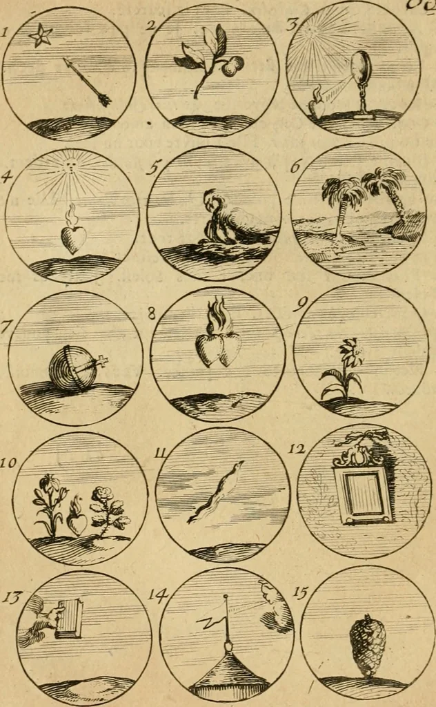 An illustration from Recueil d'emblêmes, devises, medailles, et figures hieroglyphiques : au nombre de plus de douze cent, avec leurs explications, accompagné de plus de deux mille chiffres fleuronnez simples, doubles & triples, d'une maniere nouvelle & fort curieuse pour tous les noms imaginable : avec les tenants, supports, & cimiers servans aux ornemens des armes ..., 1696, leaf 135