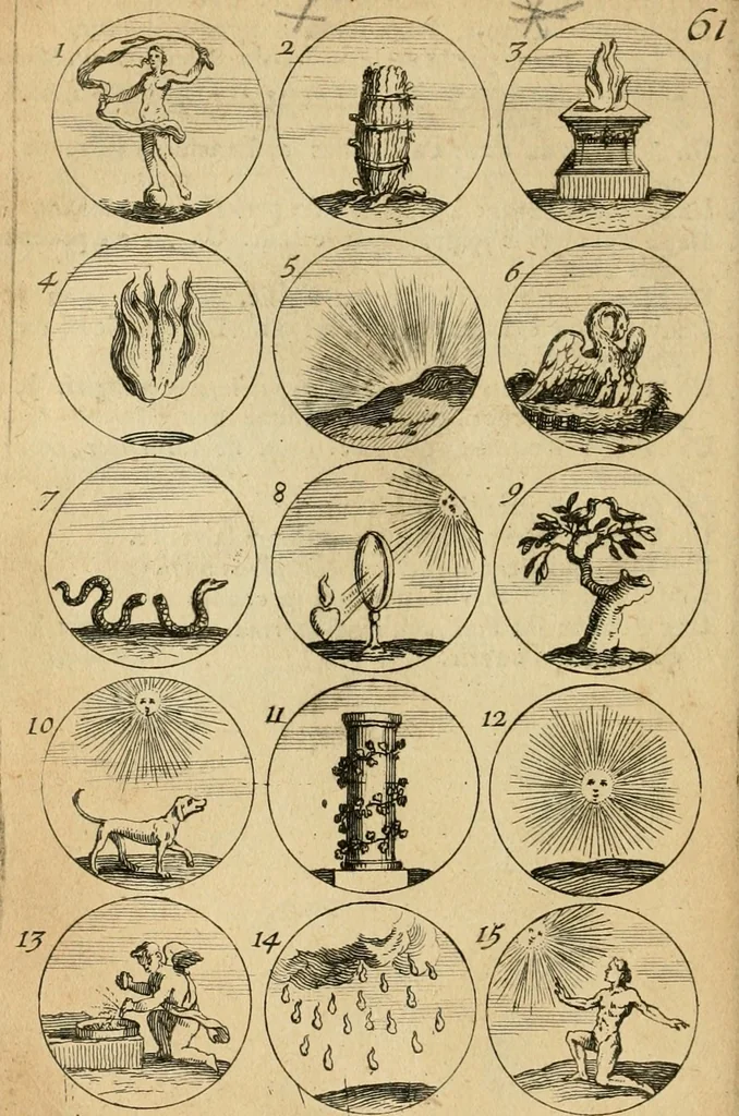 An illustration from Recueil d'emblêmes, devises, medailles, et figures hieroglyphiques : au nombre de plus de douze cent, avec leurs explications, accompagné de plus de deux mille chiffres fleuronnez simples, doubles & triples, d'une maniere nouvelle & fort curieuse pour tous les noms imaginable : avec les tenants, supports, & cimiers servans aux ornemens des armes ..., 1696, leaf 137