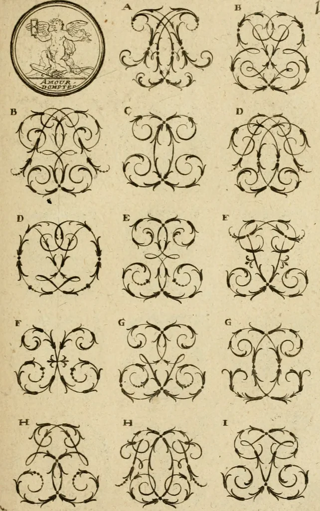An illustration from Recueil d'emblêmes, devises, medailles, et figures hieroglyphiques : au nombre de plus de douze cent, avec leurs explications, accompagné de plus de deux mille chiffres fleuronnez simples, doubles & triples, d'une maniere nouvelle & fort curieuse pour tous les noms imaginable : avec les tenants, supports, & cimiers servans aux ornemens des armes ..., 1696, leaf 164