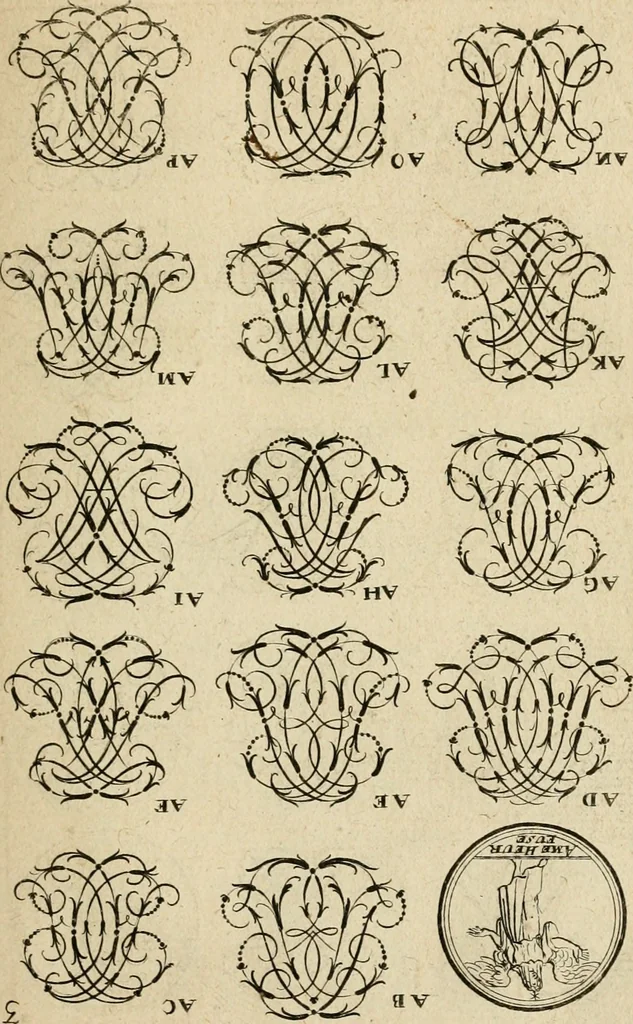 An illustration from Recueil d'emblêmes, devises, medailles, et figures hieroglyphiques : au nombre de plus de douze cent, avec leurs explications, accompagné de plus de deux mille chiffres fleuronnez simples, doubles & triples, d'une maniere nouvelle & fort curieuse pour tous les noms imaginable : avec les tenants, supports, & cimiers servans aux ornemens des armes ..., 1696, leaf 166