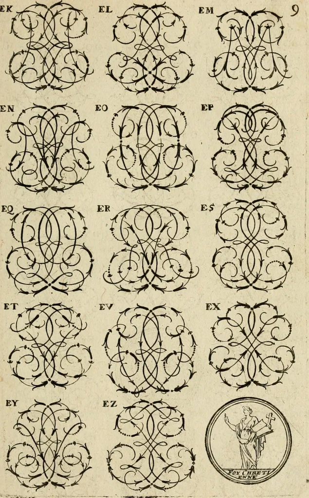 An illustration from Recueil d'emblêmes, devises, medailles, et figures hieroglyphiques : au nombre de plus de douze cent, avec leurs explications, accompagné de plus de deux mille chiffres fleuronnez simples, doubles & triples, d'une maniere nouvelle & fort curieuse pour tous les noms imaginable : avec les tenants, supports, & cimiers servans aux ornemens des armes ..., 1696, leaf 172
