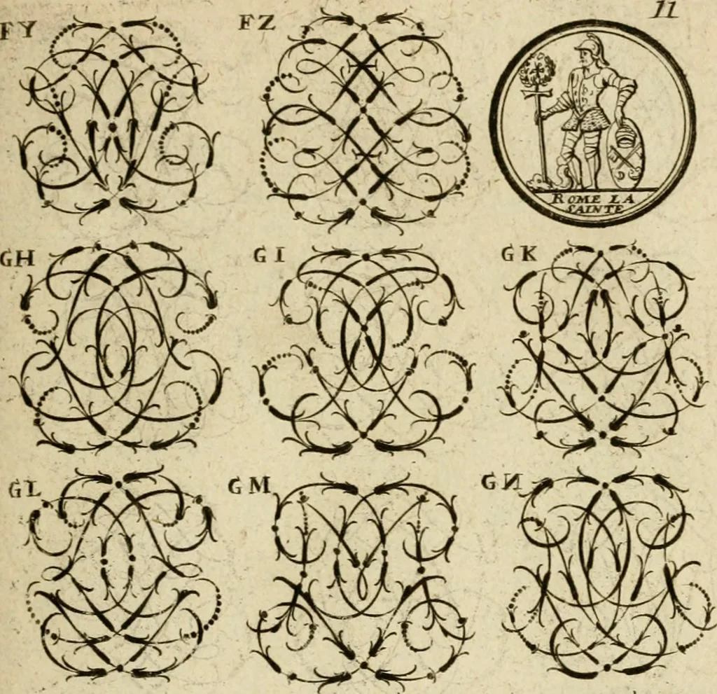 An illustration from Recueil d'emblêmes, devises, medailles, et figures hieroglyphiques : au nombre de plus de douze cent, avec leurs explications, accompagné de plus de deux mille chiffres fleuronnez simples, doubles & triples, d'une maniere nouvelle & fort curieuse pour tous les noms imaginable : avec les tenants, supports, & cimiers servans aux ornemens des armes ..., 1696, leaf 174