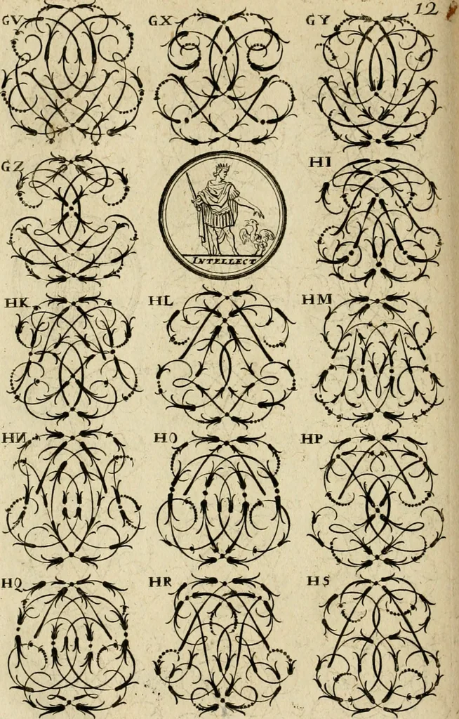 An illustration from Recueil d'emblêmes, devises, medailles, et figures hieroglyphiques : au nombre de plus de douze cent, avec leurs explications, accompagné de plus de deux mille chiffres fleuronnez simples, doubles & triples, d'une maniere nouvelle & fort curieuse pour tous les noms imaginable : avec les tenants, supports, & cimiers servans aux ornemens des armes ..., 1696, leaf 175
