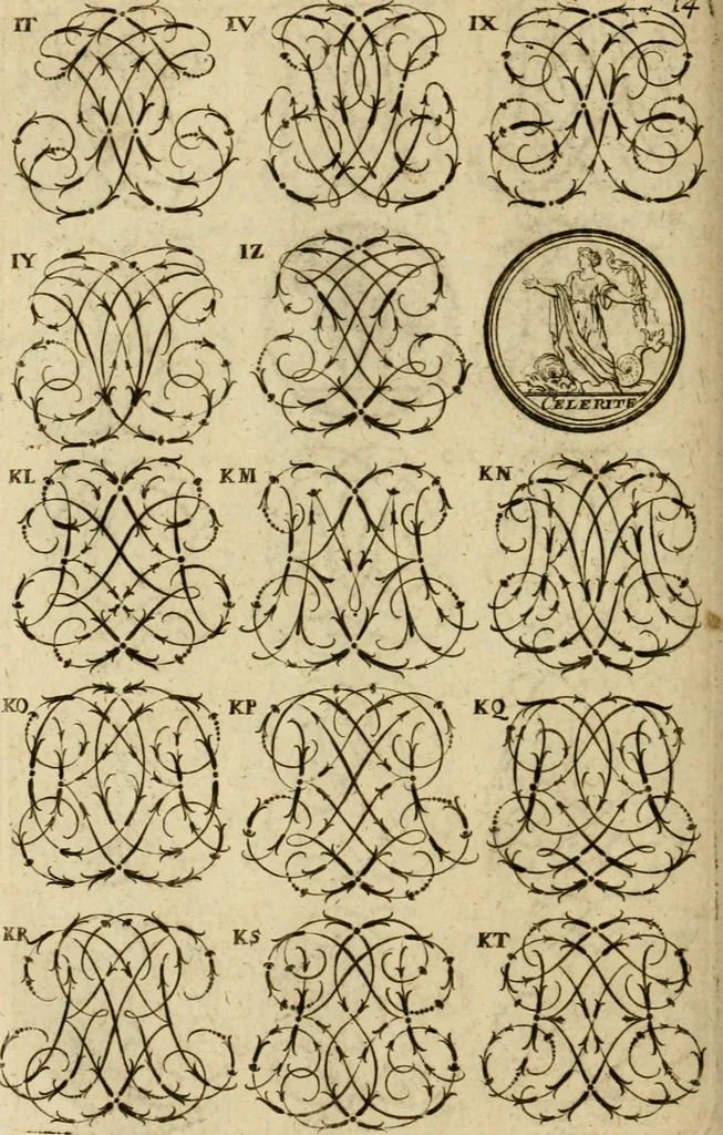 An illustration from Recueil d'emblêmes, devises, medailles, et figures hieroglyphiques : au nombre de plus de douze cent, avec leurs explications, accompagné de plus de deux mille chiffres fleuronnez simples, doubles & triples, d'une maniere nouvelle & fort curieuse pour tous les noms imaginable : avec les tenants, supports, & cimiers servans aux ornemens des armes ..., 1696, leaf 177