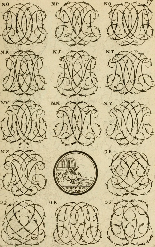 An illustration from Recueil d'emblêmes, devises, medailles, et figures hieroglyphiques : au nombre de plus de douze cent, avec leurs explications, accompagné de plus de deux mille chiffres fleuronnez simples, doubles & triples, d'une maniere nouvelle & fort curieuse pour tous les noms imaginable : avec les tenants, supports, & cimiers servans aux ornemens des armes ..., 1696, leaf 180