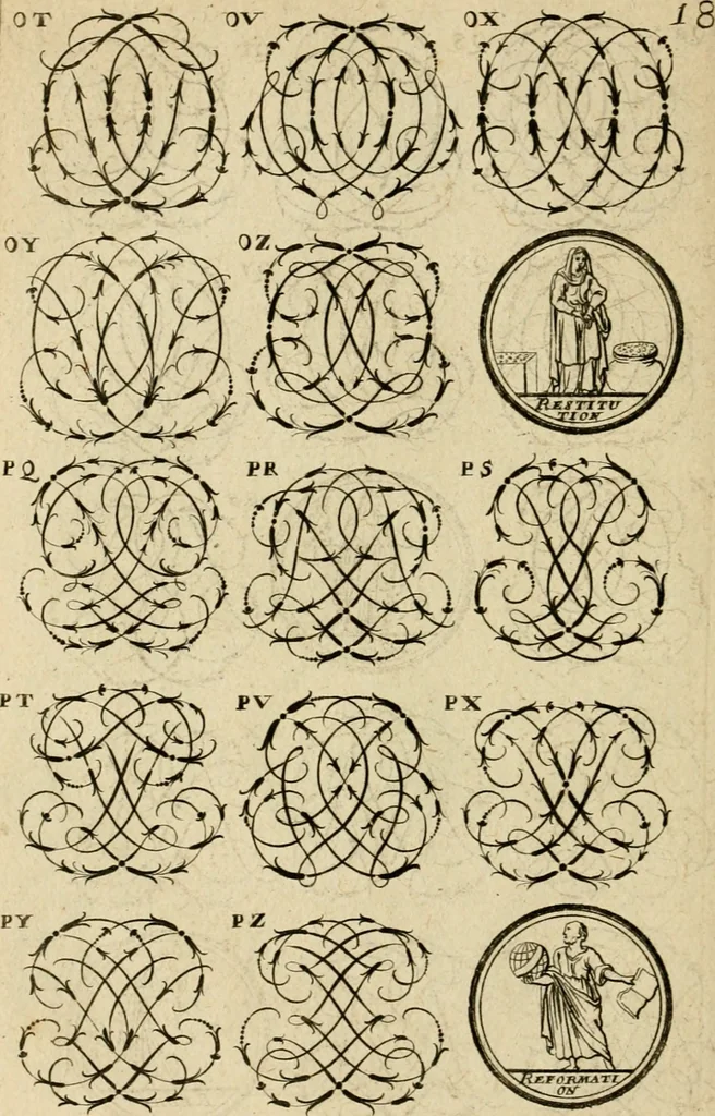 An illustration from Recueil d'emblêmes, devises, medailles, et figures hieroglyphiques : au nombre de plus de douze cent, avec leurs explications, accompagné de plus de deux mille chiffres fleuronnez simples, doubles & triples, d'une maniere nouvelle & fort curieuse pour tous les noms imaginable : avec les tenants, supports, & cimiers servans aux ornemens des armes ..., 1696, leaf 181