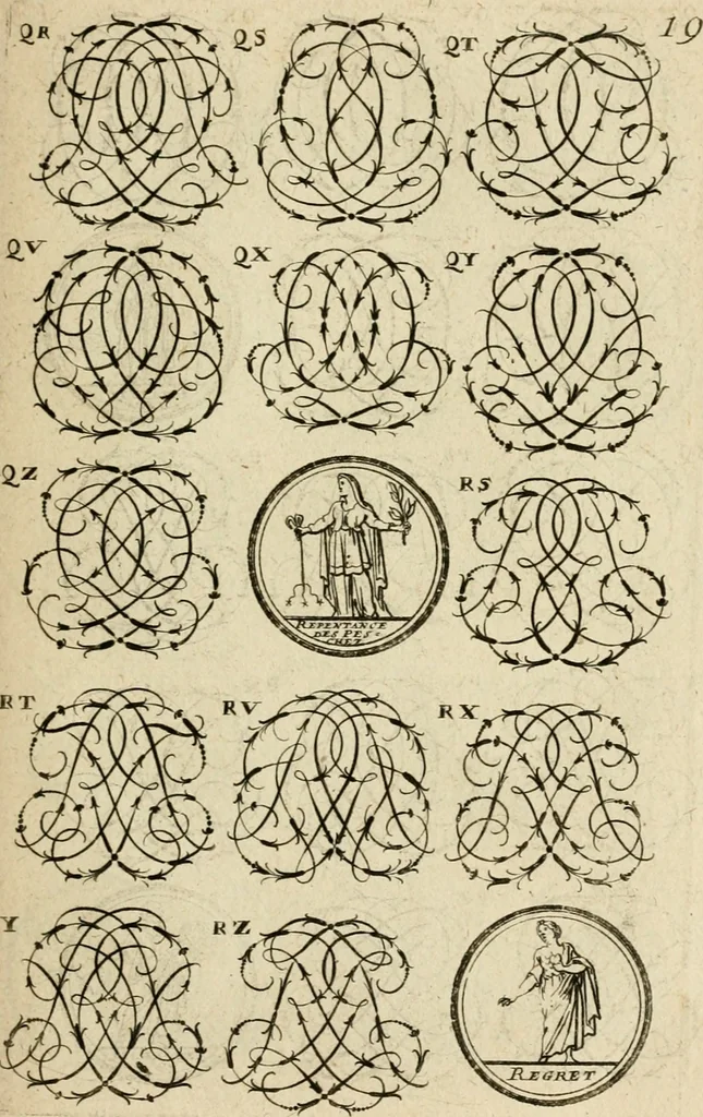 An illustration from Recueil d'emblêmes, devises, medailles, et figures hieroglyphiques : au nombre de plus de douze cent, avec leurs explications, accompagné de plus de deux mille chiffres fleuronnez simples, doubles & triples, d'une maniere nouvelle & fort curieuse pour tous les noms imaginable : avec les tenants, supports, & cimiers servans aux ornemens des armes ..., 1696, leaf 182
