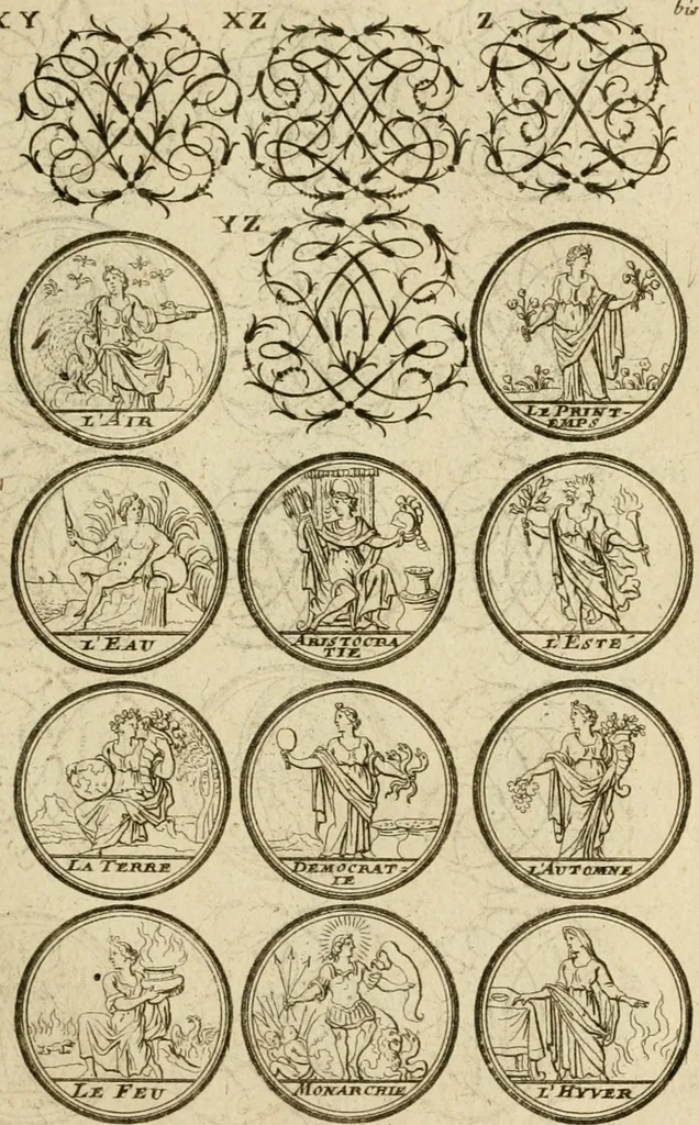 An illustration from Recueil d'emblêmes, devises, medailles, et figures hieroglyphiques : au nombre de plus de douze cent, avec leurs explications, accompagné de plus de deux mille chiffres fleuronnez simples, doubles & triples, d'une maniere nouvelle & fort curieuse pour tous les noms imaginable : avec les tenants, supports, & cimiers servans aux ornemens des armes ..., 1696, leaf 184