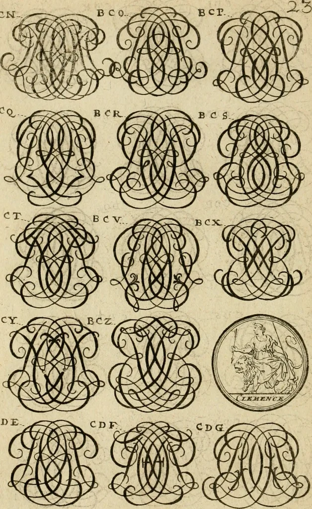 An illustration from Recueil d'emblêmes, devises, medailles, et figures hieroglyphiques : au nombre de plus de douze cent, avec leurs explications, accompagné de plus de deux mille chiffres fleuronnez simples, doubles & triples, d'une maniere nouvelle & fort curieuse pour tous les noms imaginable : avec les tenants, supports, & cimiers servans aux ornemens des armes ..., 1696, leaf 187