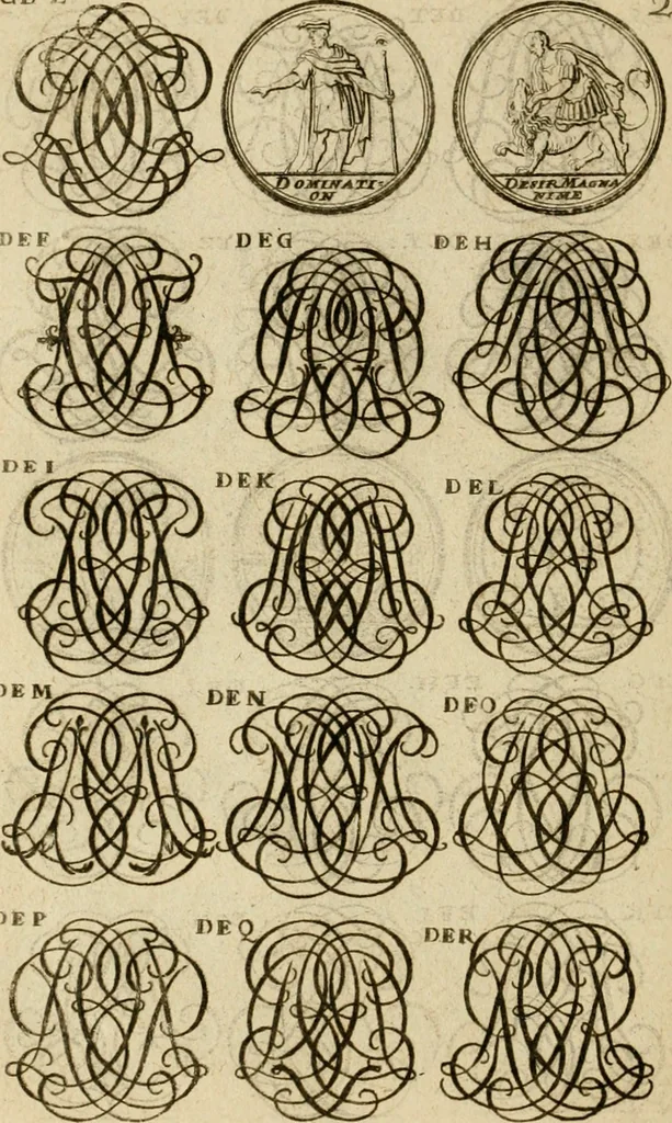 An illustration from Recueil d'emblêmes, devises, medailles, et figures hieroglyphiques : au nombre de plus de douze cent, avec leurs explications, accompagné de plus de deux mille chiffres fleuronnez simples, doubles & triples, d'une maniere nouvelle & fort curieuse pour tous les noms imaginable : avec les tenants, supports, & cimiers servans aux ornemens des armes ..., 1696, leaf 189