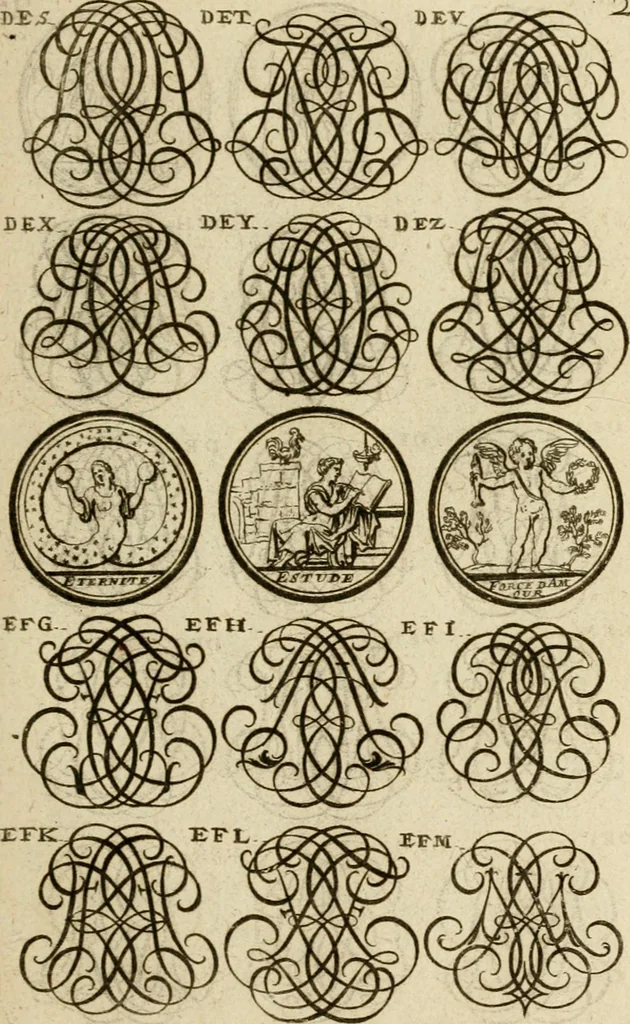 An illustration from Recueil d'emblêmes, devises, medailles, et figures hieroglyphiques : au nombre de plus de douze cent, avec leurs explications, accompagné de plus de deux mille chiffres fleuronnez simples, doubles & triples, d'une maniere nouvelle & fort curieuse pour tous les noms imaginable : avec les tenants, supports, & cimiers servans aux ornemens des armes ..., 1696, leaf 190