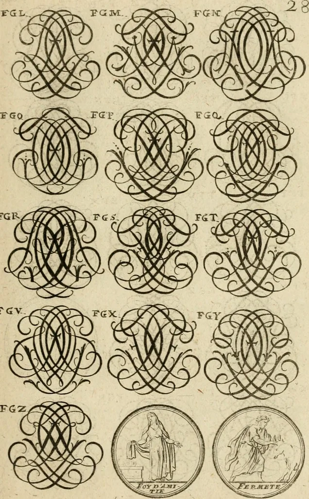 An illustration from Recueil d'emblêmes, devises, medailles, et figures hieroglyphiques : au nombre de plus de douze cent, avec leurs explications, accompagné de plus de deux mille chiffres fleuronnez simples, doubles & triples, d'une maniere nouvelle & fort curieuse pour tous les noms imaginable : avec les tenants, supports, & cimiers servans aux ornemens des armes ..., 1696, leaf 192