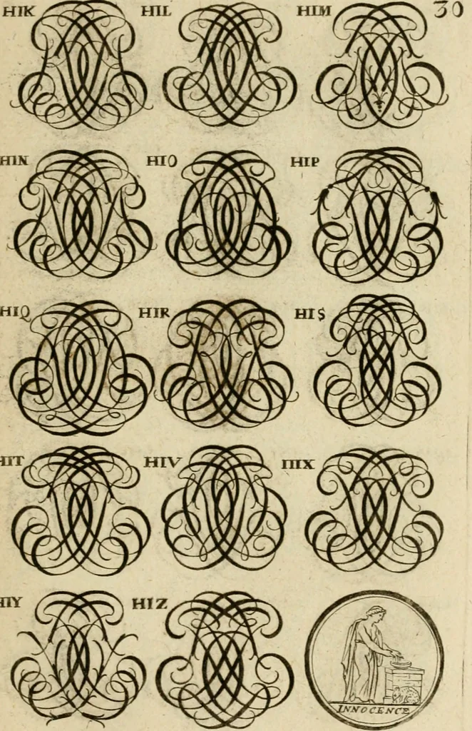 An illustration from Recueil d'emblêmes, devises, medailles, et figures hieroglyphiques : au nombre de plus de douze cent, avec leurs explications, accompagné de plus de deux mille chiffres fleuronnez simples, doubles & triples, d'une maniere nouvelle & fort curieuse pour tous les noms imaginable : avec les tenants, supports, & cimiers servans aux ornemens des armes ..., 1696, leaf 194