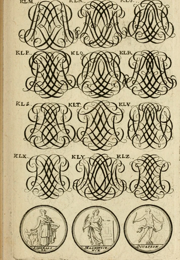 An illustration from Recueil d'emblêmes, devises, medailles, et figures hieroglyphiques : au nombre de plus de douze cent, avec leurs explications, accompagné de plus de deux mille chiffres fleuronnez simples, doubles & triples, d'une maniere nouvelle & fort curieuse pour tous les noms imaginable : avec les tenants, supports, & cimiers servans aux ornemens des armes ..., 1696, leaf 196