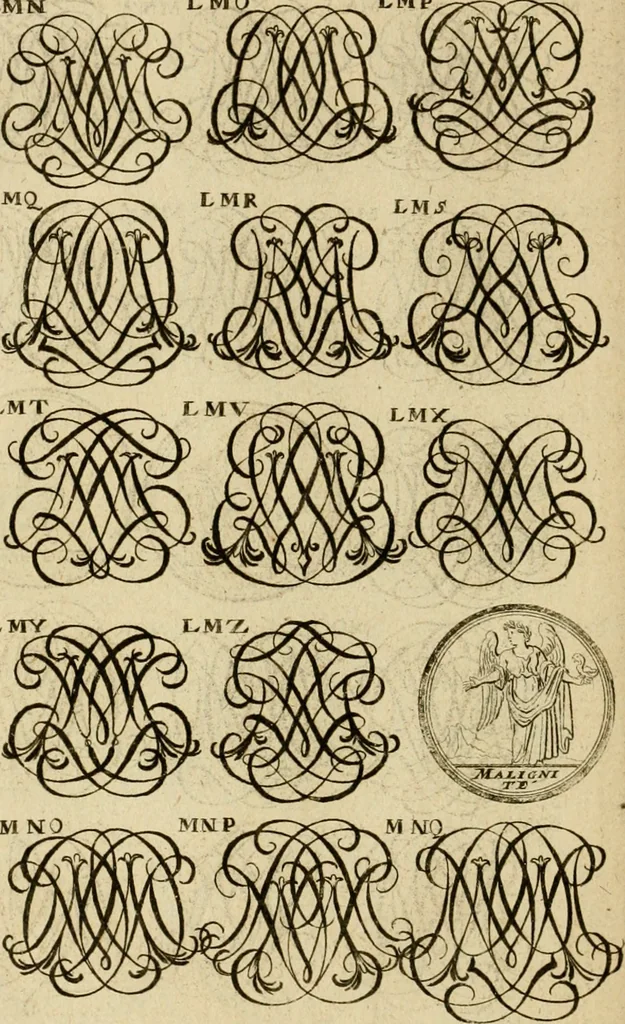 An illustration from Recueil d'emblêmes, devises, medailles, et figures hieroglyphiques : au nombre de plus de douze cent, avec leurs explications, accompagné de plus de deux mille chiffres fleuronnez simples, doubles & triples, d'une maniere nouvelle & fort curieuse pour tous les noms imaginable : avec les tenants, supports, & cimiers servans aux ornemens des armes ..., 1696, leaf 197