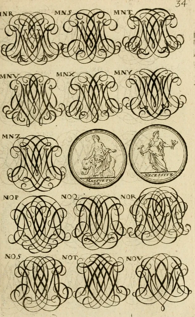 An illustration from Recueil d'emblêmes, devises, medailles, et figures hieroglyphiques : au nombre de plus de douze cent, avec leurs explications, accompagné de plus de deux mille chiffres fleuronnez simples, doubles & triples, d'une maniere nouvelle & fort curieuse pour tous les noms imaginable : avec les tenants, supports, & cimiers servans aux ornemens des armes ..., 1696, leaf 198