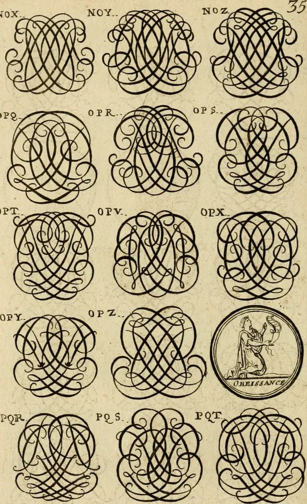 An illustration from Recueil d'emblêmes, devises, medailles, et figures hieroglyphiques : au nombre de plus de douze cent, avec leurs explications, accompagné de plus de deux mille chiffres fleuronnez simples, doubles & triples, d'une maniere nouvelle & fort curieuse pour tous les noms imaginable : avec les tenants, supports, & cimiers servans aux ornemens des armes ..., 1696, leaf 199