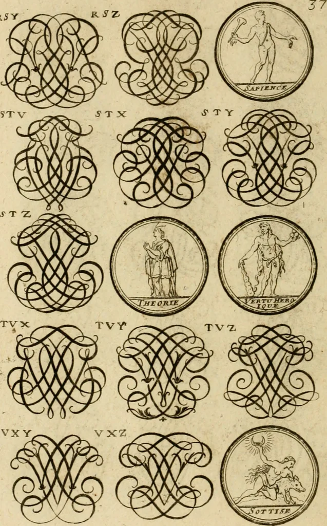 An illustration from Recueil d'emblêmes, devises, medailles, et figures hieroglyphiques : au nombre de plus de douze cent, avec leurs explications, accompagné de plus de deux mille chiffres fleuronnez simples, doubles & triples, d'une maniere nouvelle & fort curieuse pour tous les noms imaginable : avec les tenants, supports, & cimiers servans aux ornemens des armes ..., 1696, leaf 201