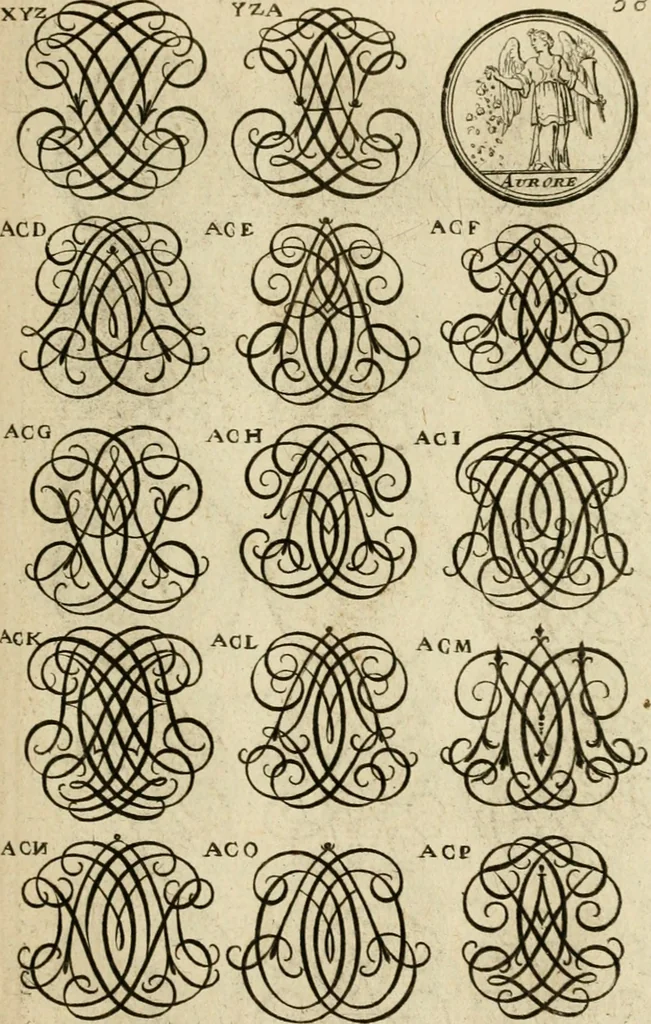An illustration from Recueil d'emblêmes, devises, medailles, et figures hieroglyphiques : au nombre de plus de douze cent, avec leurs explications, accompagné de plus de deux mille chiffres fleuronnez simples, doubles & triples, d'une maniere nouvelle & fort curieuse pour tous les noms imaginable : avec les tenants, supports, & cimiers servans aux ornemens des armes ..., 1696, leaf 202