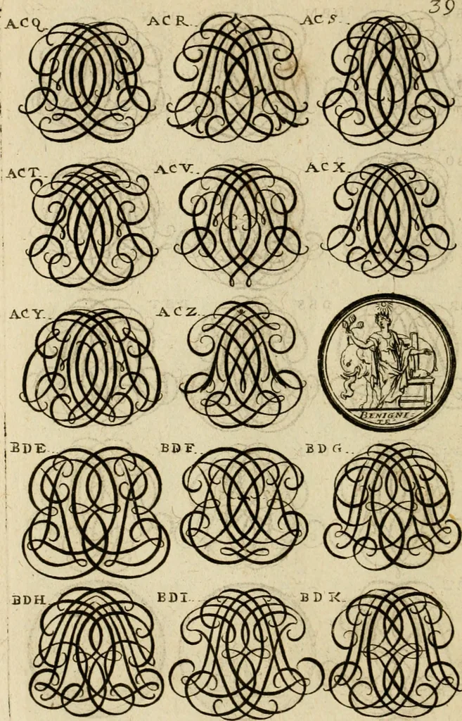 An illustration from Recueil d'emblêmes, devises, medailles, et figures hieroglyphiques : au nombre de plus de douze cent, avec leurs explications, accompagné de plus de deux mille chiffres fleuronnez simples, doubles & triples, d'une maniere nouvelle & fort curieuse pour tous les noms imaginable : avec les tenants, supports, & cimiers servans aux ornemens des armes ..., 1696, leaf 203