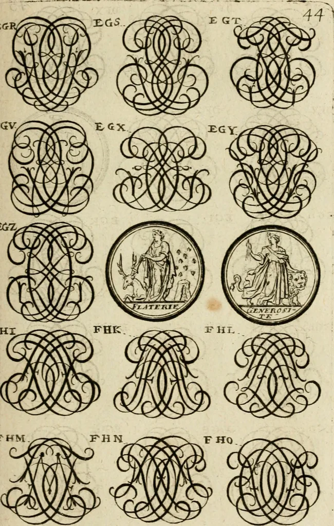 An illustration from Recueil d'emblêmes, devises, medailles, et figures hieroglyphiques : au nombre de plus de douze cent, avec leurs explications, accompagné de plus de deux mille chiffres fleuronnez simples, doubles & triples, d'une maniere nouvelle & fort curieuse pour tous les noms imaginable : avec les tenants, supports, & cimiers servans aux ornemens des armes ..., 1696, leaf 208