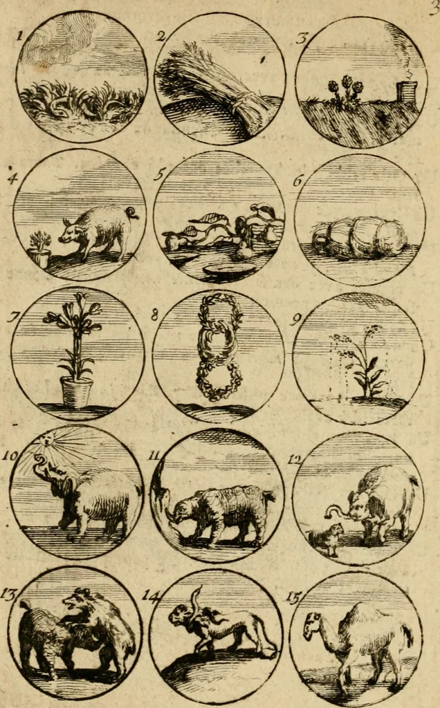 An illustration from Recueil d'emblêmes, devises, medailles, et figures hieroglyphiques : au nombre de plus de douze cent, avec leurs explications, accompagné de plus de deux mille chiffres fleuronnez simples, doubles & triples, d'une maniere nouvelle & fort curieuse pour tous les noms imaginable : avec les tenants, supports, & cimiers servans aux ornemens des armes ..., 1696, leaf 21