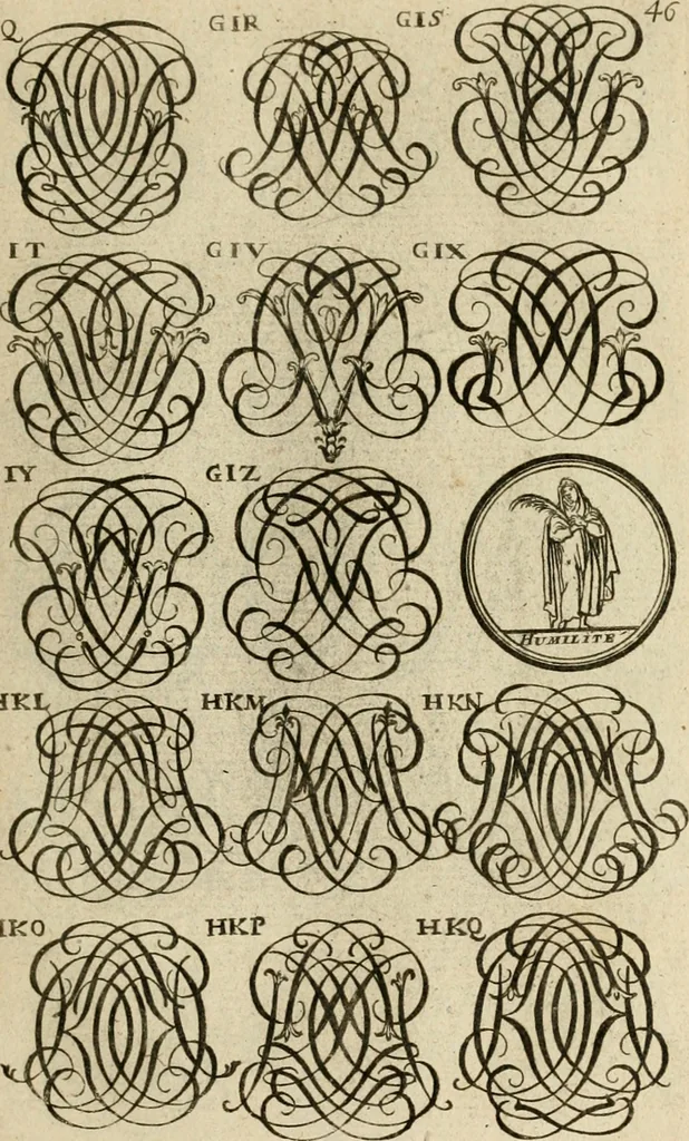 An illustration from Recueil d'emblêmes, devises, medailles, et figures hieroglyphiques : au nombre de plus de douze cent, avec leurs explications, accompagné de plus de deux mille chiffres fleuronnez simples, doubles & triples, d'une maniere nouvelle & fort curieuse pour tous les noms imaginable : avec les tenants, supports, & cimiers servans aux ornemens des armes ..., 1696, leaf 210