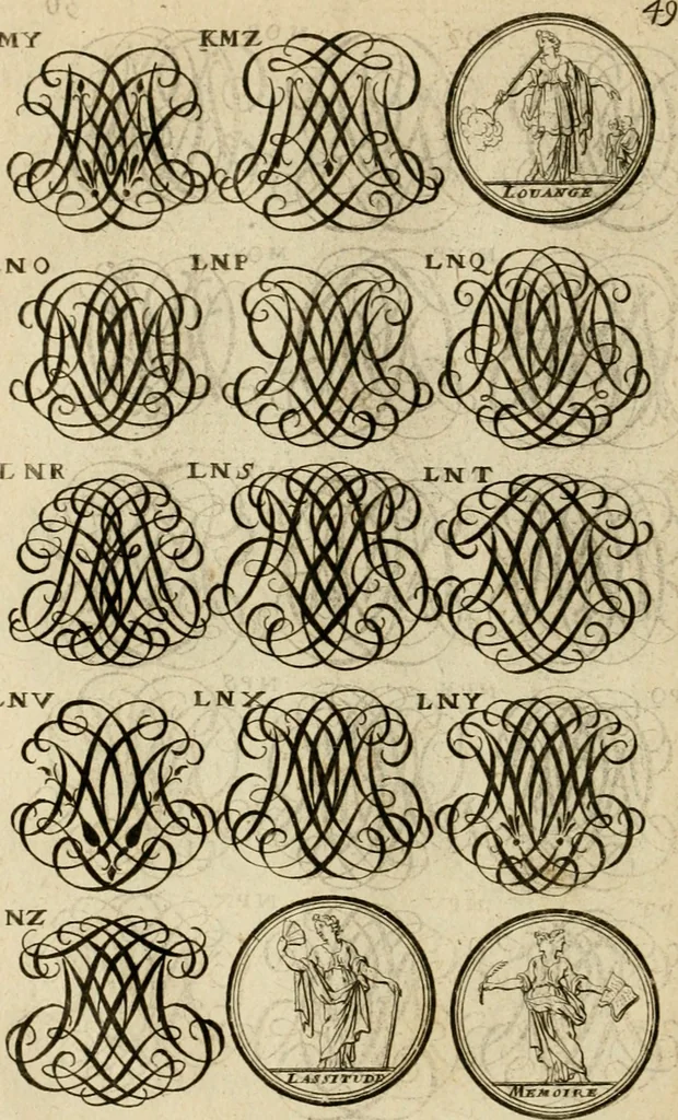 An illustration from Recueil d'emblêmes, devises, medailles, et figures hieroglyphiques : au nombre de plus de douze cent, avec leurs explications, accompagné de plus de deux mille chiffres fleuronnez simples, doubles & triples, d'une maniere nouvelle & fort curieuse pour tous les noms imaginable : avec les tenants, supports, & cimiers servans aux ornemens des armes ..., 1696, leaf 213