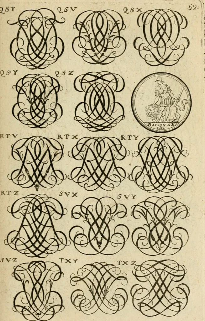 An illustration from Recueil d'emblêmes, devises, medailles, et figures hieroglyphiques : au nombre de plus de douze cent, avec leurs explications, accompagné de plus de deux mille chiffres fleuronnez simples, doubles & triples, d'une maniere nouvelle & fort curieuse pour tous les noms imaginable : avec les tenants, supports, & cimiers servans aux ornemens des armes ..., 1696, leaf 216