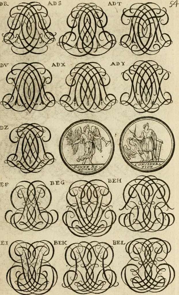 An illustration from Recueil d'emblêmes, devises, medailles, et figures hieroglyphiques : au nombre de plus de douze cent, avec leurs explications, accompagné de plus de deux mille chiffres fleuronnez simples, doubles & triples, d'une maniere nouvelle & fort curieuse pour tous les noms imaginable : avec les tenants, supports, & cimiers servans aux ornemens des armes ..., 1696, leaf 218