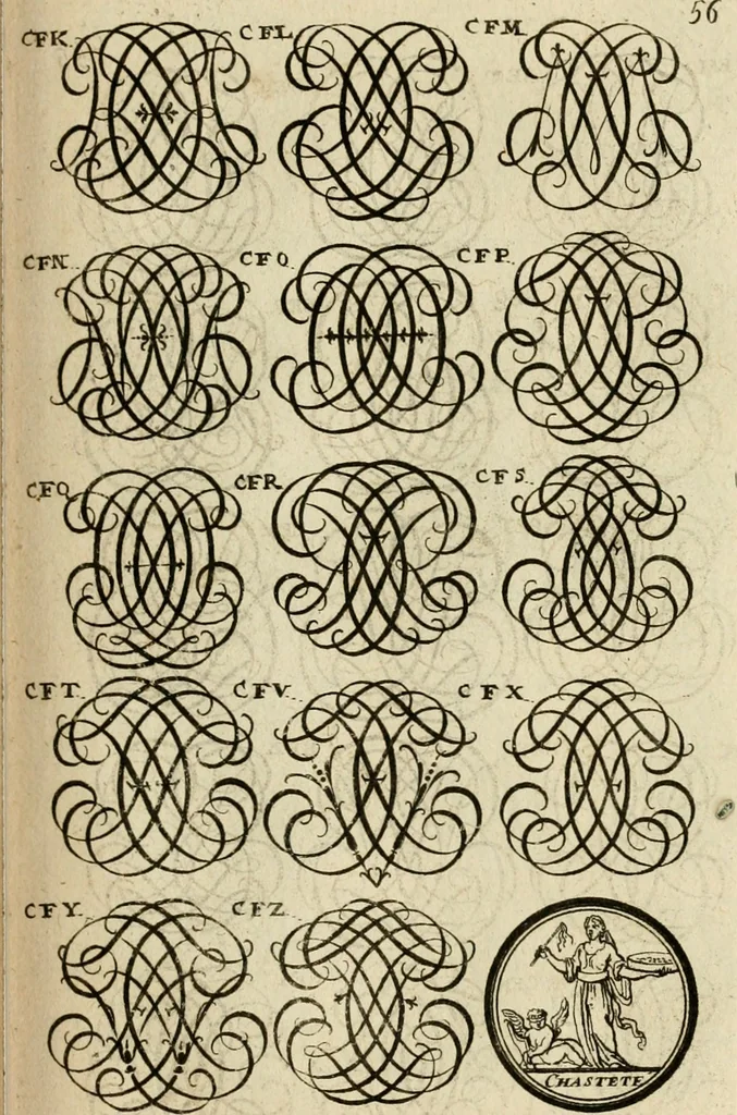 An illustration from Recueil d'emblêmes, devises, medailles, et figures hieroglyphiques : au nombre de plus de douze cent, avec leurs explications, accompagné de plus de deux mille chiffres fleuronnez simples, doubles & triples, d'une maniere nouvelle & fort curieuse pour tous les noms imaginable : avec les tenants, supports, & cimiers servans aux ornemens des armes ..., 1696, leaf 220