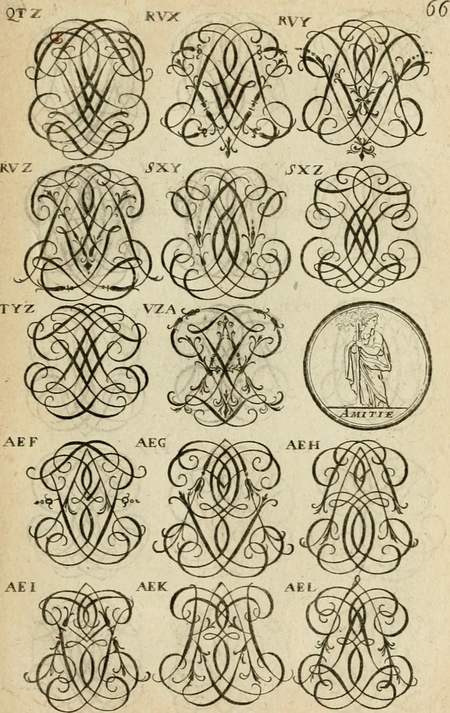 An illustration from Recueil d'emblêmes, devises, medailles, et figures hieroglyphiques : au nombre de plus de douze cent, avec leurs explications, accompagné de plus de deux mille chiffres fleuronnez simples, doubles & triples, d'une maniere nouvelle & fort curieuse pour tous les noms imaginable : avec les tenants, supports, & cimiers servans aux ornemens des armes ..., 1696, leaf 230