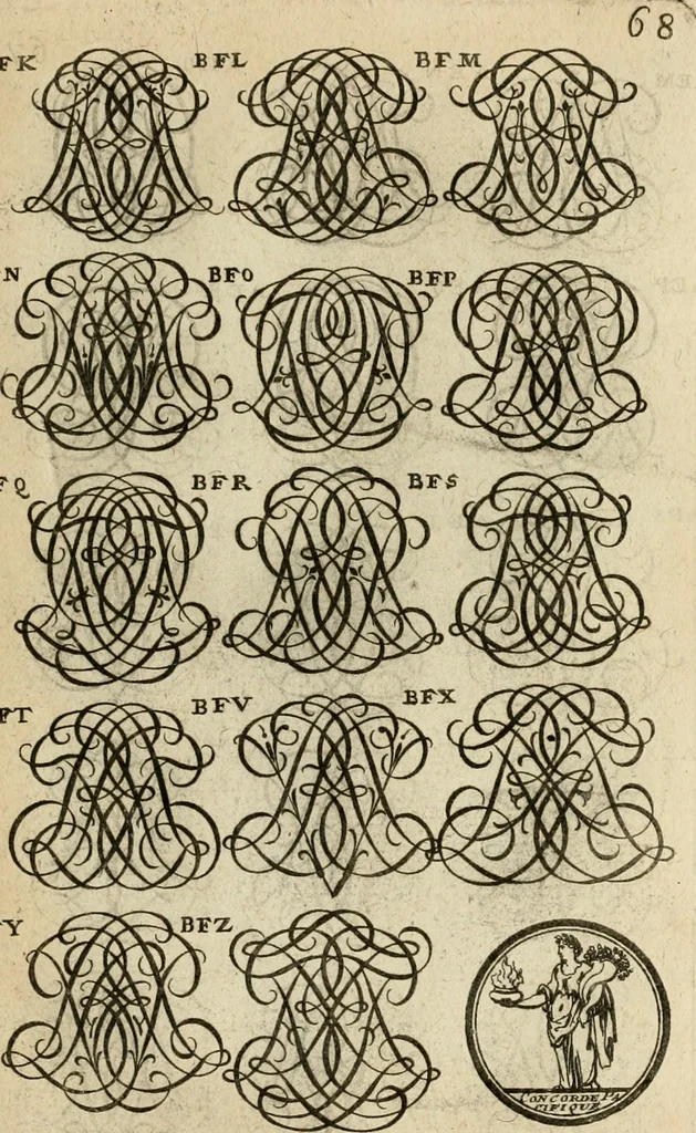 An illustration from Recueil d'emblêmes, devises, medailles, et figures hieroglyphiques : au nombre de plus de douze cent, avec leurs explications, accompagné de plus de deux mille chiffres fleuronnez simples, doubles & triples, d'une maniere nouvelle & fort curieuse pour tous les noms imaginable : avec les tenants, supports, & cimiers servans aux ornemens des armes ..., 1696, leaf 232