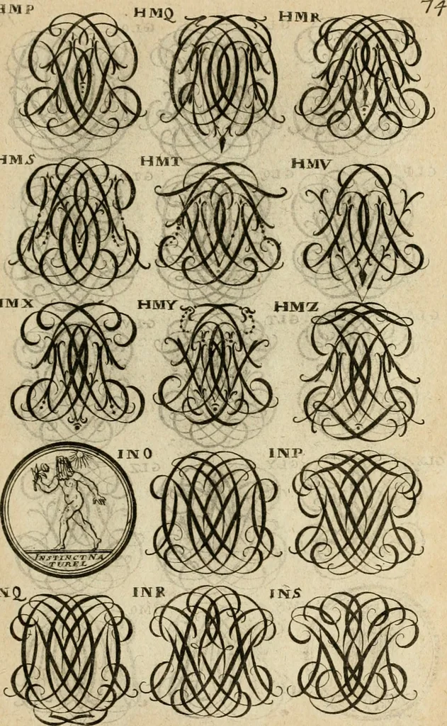 An illustration from Recueil d'emblêmes, devises, medailles, et figures hieroglyphiques : au nombre de plus de douze cent, avec leurs explications, accompagné de plus de deux mille chiffres fleuronnez simples, doubles & triples, d'une maniere nouvelle & fort curieuse pour tous les noms imaginable : avec les tenants, supports, & cimiers servans aux ornemens des armes ..., 1696, leaf 238