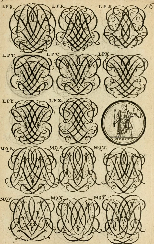 An illustration from Recueil d'emblêmes, devises, medailles, et figures hieroglyphiques : au nombre de plus de douze cent, avec leurs explications, accompagné de plus de deux mille chiffres fleuronnez simples, doubles & triples, d'une maniere nouvelle & fort curieuse pour tous les noms imaginable : avec les tenants, supports, & cimiers servans aux ornemens des armes ..., 1696, leaf 240