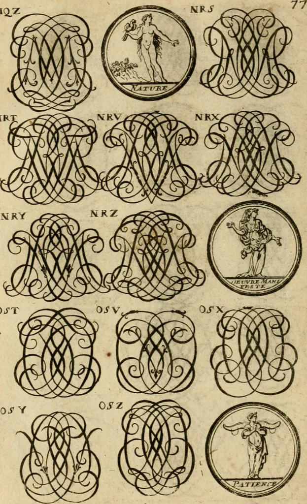 An illustration from Recueil d'emblêmes, devises, medailles, et figures hieroglyphiques : au nombre de plus de douze cent, avec leurs explications, accompagné de plus de deux mille chiffres fleuronnez simples, doubles & triples, d'une maniere nouvelle & fort curieuse pour tous les noms imaginable : avec les tenants, supports, & cimiers servans aux ornemens des armes ..., 1696, leaf 241